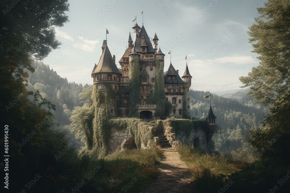 A magical castle from a fairy tale book. Generative AI