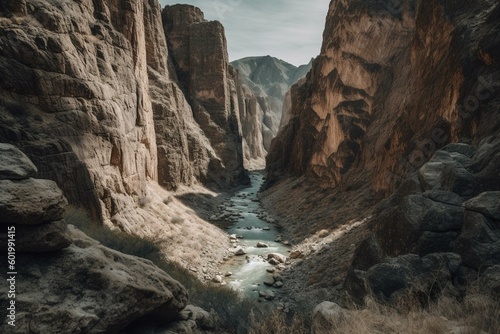 View from above a frigid river running through a white cliff canyon. Keywords: Canyon, River, View, Cliff, Underground, Mountains, Cold, Nature, Adventure, Exploration. Generative AI