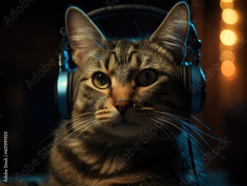 Cat in big headphones enjoys music. Created with Generative AI technology
