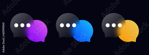Two speech bubbles icon in glassmorphism background banner with transparent glass frame template . Chat dialog boxes in realistic frosted glass morphism style with blurred gradient blue circle. Vector