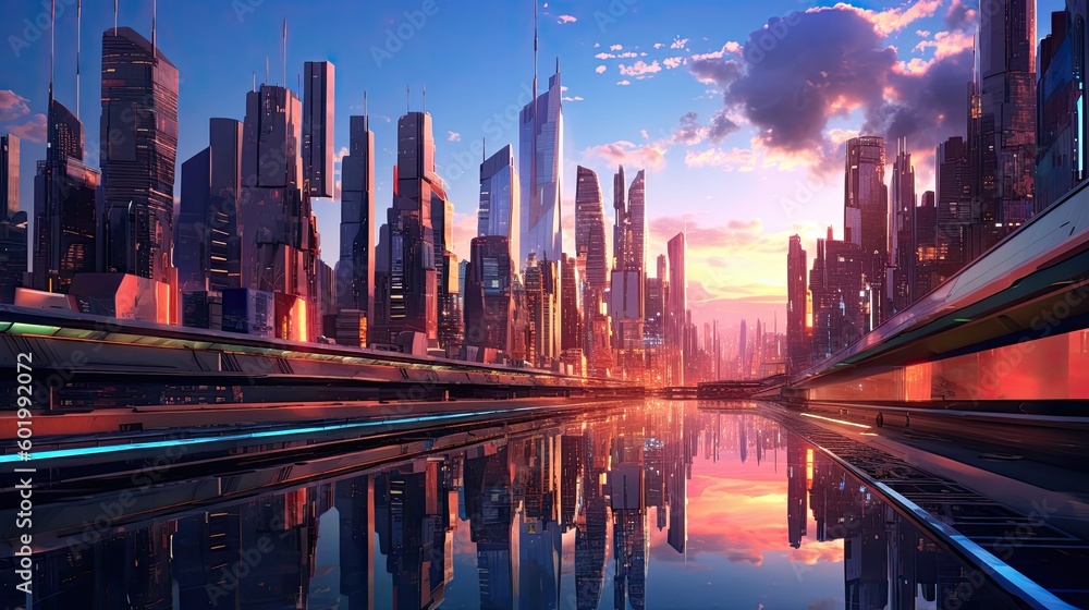 Futuristic Cityscape, A city skyline of the future with sleek, shiny buildings. Reflect the bustling metropolis in a water body below.
