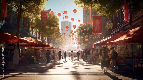 A bustling city street with diverse pedestrians, small shops, food stalls, all under a canopy of hanging lanterns.
