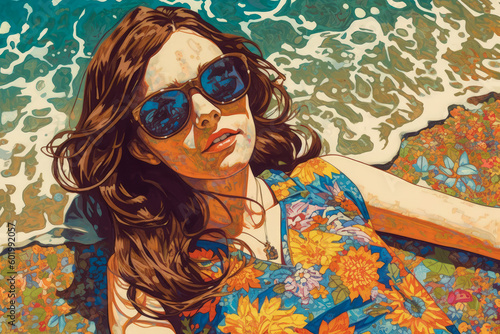 Portrait painting of a serene woman lying on the sandy beach, lost in thoughts. Digital-art style. Generative AI