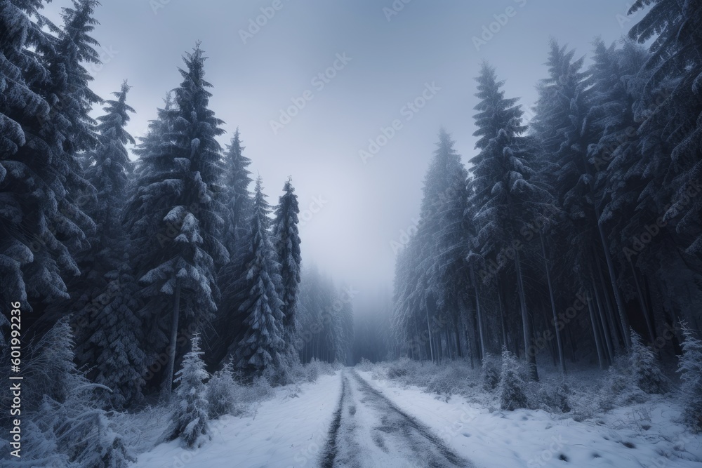 Obraz premium Enchanting Christmas scene of snowy trees in a forest, with glistening white branches and a serene winter ambiance. A magical winter wonderland. Generative AI.