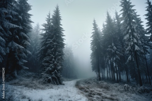Enchanting Christmas scene of snowy trees in a forest, with glistening white branches and a serene winter ambiance. A magical winter wonderland. Generative AI.