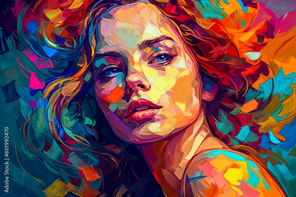 Portrait painting of a woman with vibrant and colorful hair. Digital-art style. Generative AI