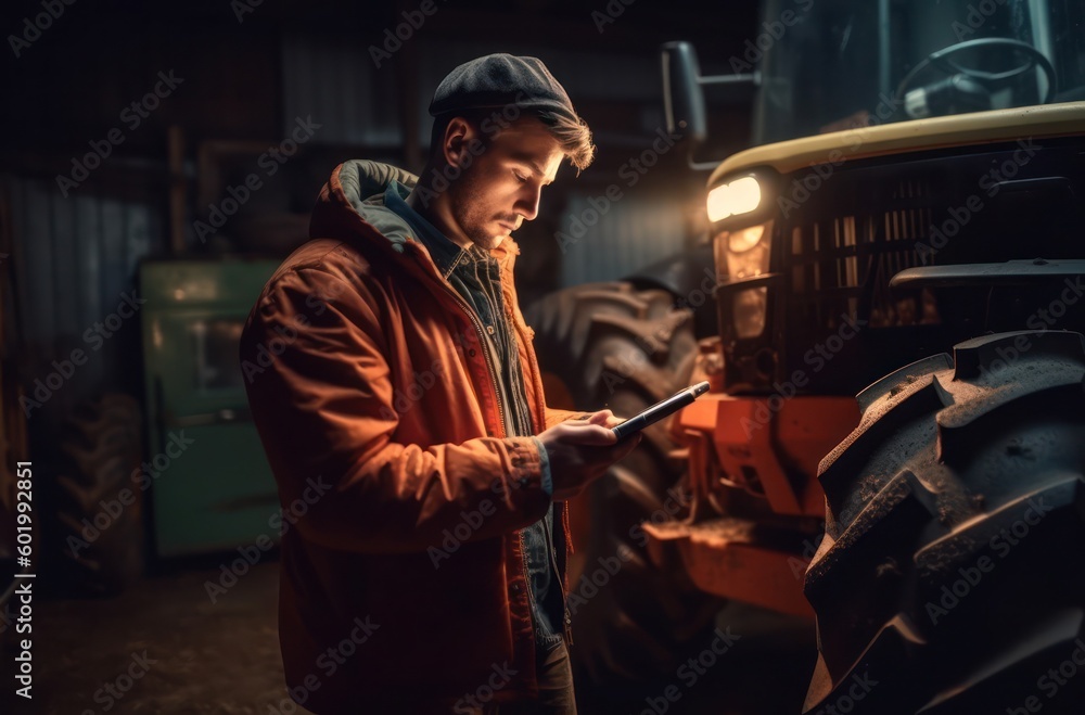 image of farmer using smartphone and tractor, embodying modern agricultural practices with technology and machinery.. image of farmer using smartphone and tractor, embodying modern agricultural practices with technology and machinery..