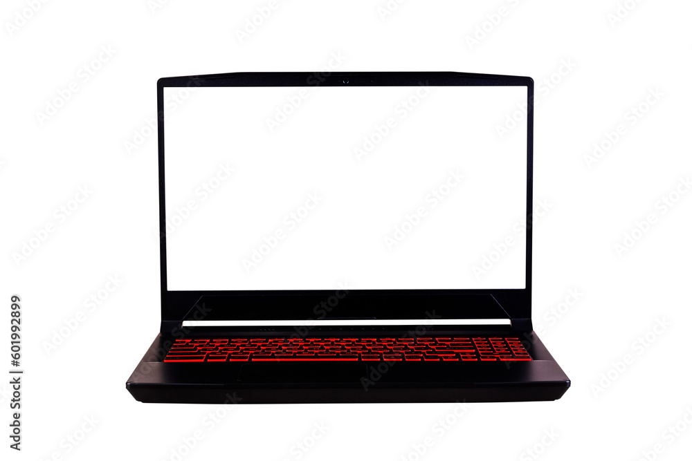 white mock up on a gaming laptop screen isolated on white background close up front view