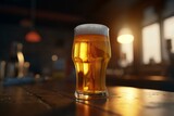 Cold beer pint on the table with blurry background. Generative AI