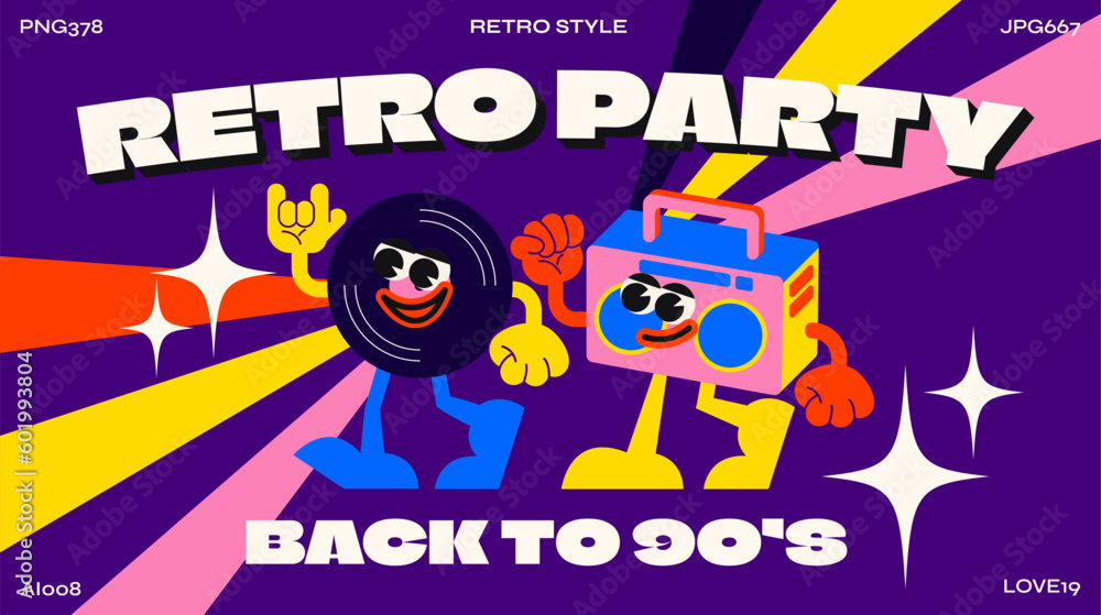 Funny cartoon character. fashion poster. Vector illustration of vinyl record, tape recorder and retro cassette in 90s music style. Set of comic elements in trendy retro cartoon style. Funny cartoon character. fashion poster. Vector illustration of vinyl record, tape recorder and retro cassette in 90s music style. Set of comic elements in trendy retro cartoon style.
