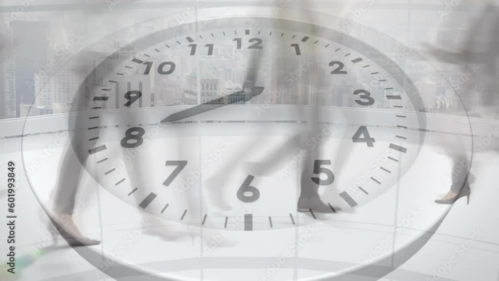 Animation of ticking clock against time-lapse of low section of businesspeople walking at office Animation of ticking clock against time-lapse of low section of businesspeople walking at office