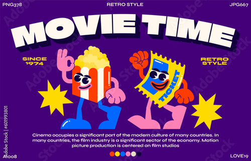 Funny cartoon movie character. fashion poster. Vector illustration of popcorn and movie ticket in 90s style. Set of comic elements in trendy retro groovy style.