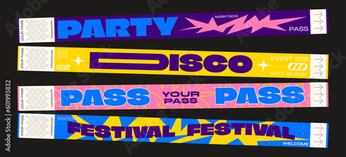 Control bracelets for events, disco, festival, fan zone, party, staff. Vector mockup of a festival bracelet in a futuristic style