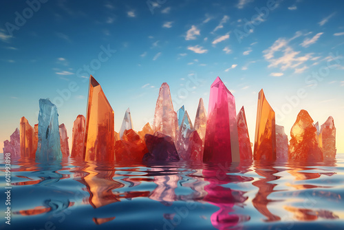 Surrealistic illustration demonstrating metaverse, virtual reality, web3, internet technology. Colorful rocks and crystals in water with blue sky above them. Futuristic backdrop for Generative AI