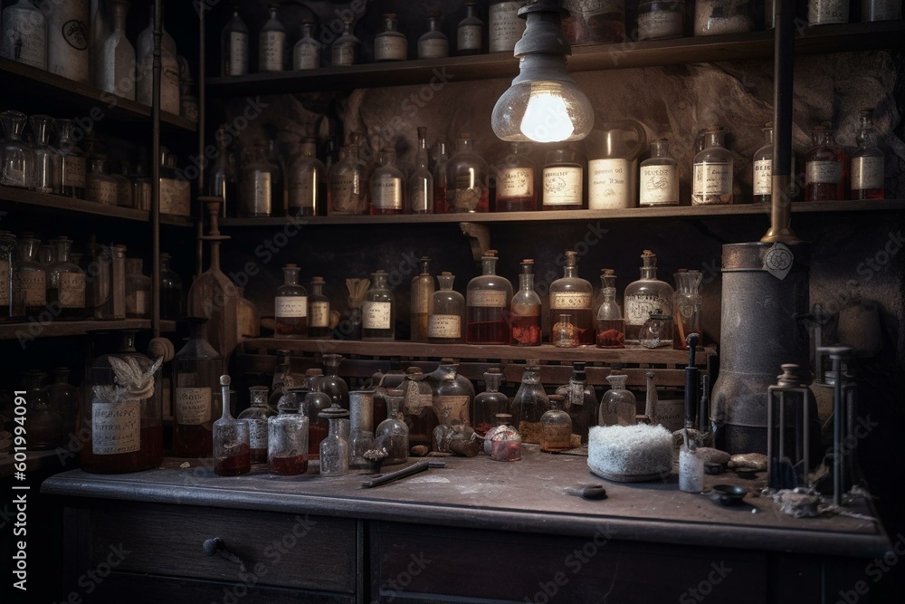 Antique and eerie lab with old mining & measuring tools, pharmacy bottles, vintage mini lab, medieval potions on dirty shelf & apothecary cabinet. Generative AI
