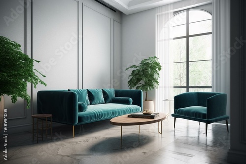 Contemporary vacant living space with a blue couch, greenery and a table against a blank white wall. Generative AI