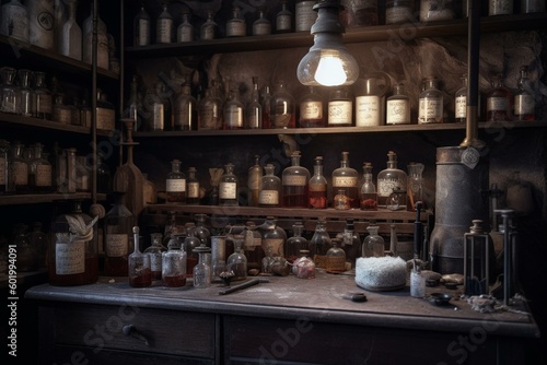 Antique and eerie lab with old mining   measuring tools  pharmacy bottles  vintage mini lab  medieval potions on dirty shelf   apothecary cabinet. Generative AI
