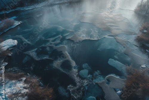 Aerial view of frozen lake. Generative AI © Freya