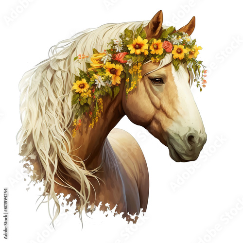 Beautiful Horse with flower crown, A Horse with a wreath of flowers, Watercolor portrait of a Horse with flowers crown in her hair isolated on Transparency Background, Generative AI
