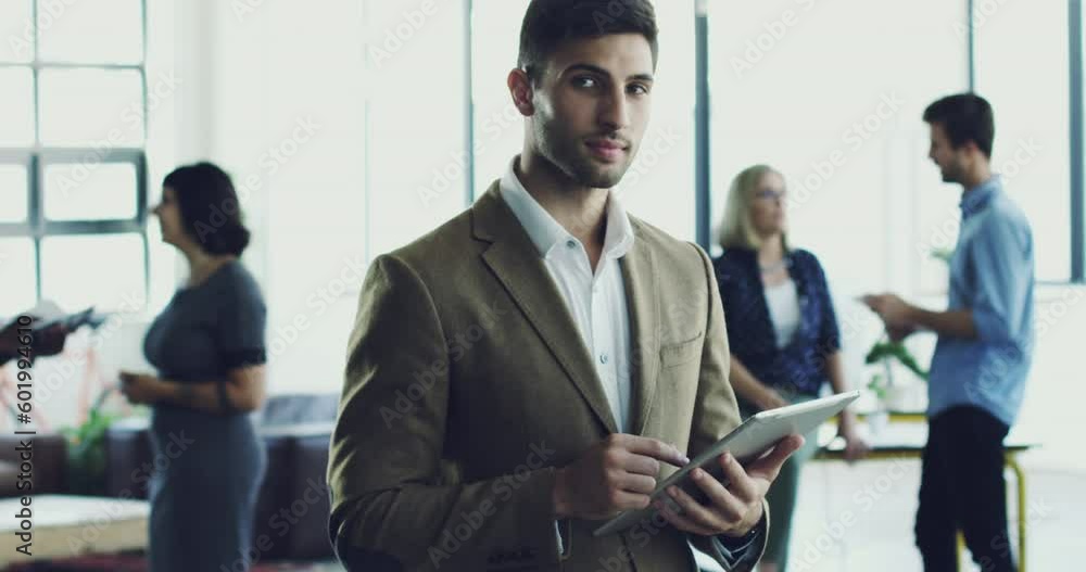 Management, tablet and face of businessman in office for research, planning or company leadership. Social media, contact and email with portrait of serious employee for digital innovation in startup Management, tablet and face of businessman in office for research, planning or company leadership. Social media, contact and email with portrait of serious employee for digital innovation in startup