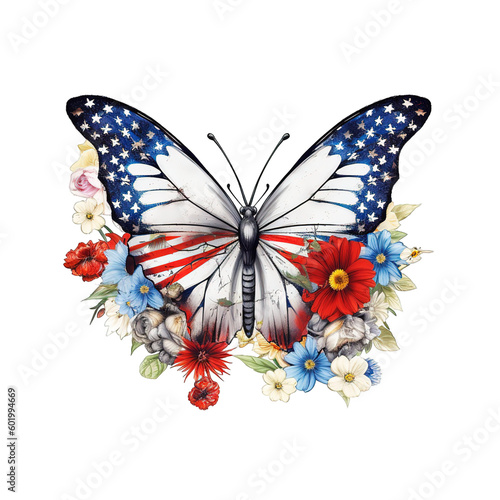 Beautiful Florals butterfly in back usa flag isolated on Transparency Background.