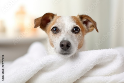 Cute relaxed dog lying on clean towels after taking bath . AI Generated