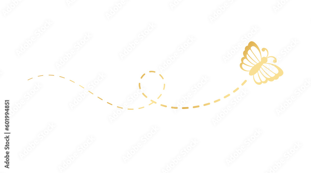 Golden Butterfly with Dotted Line Flight Route. Elegant gold butterfly trail. Vector design elements for spring and summer. Golden Butterfly with Dotted Line Flight Route. Elegant gold butterfly trail. Vector design elements for spring and summer.