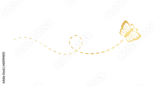 Golden Butterfly with Dotted Line Flight Route. Elegant gold butterfly trail. Vector design elements for spring and summer.