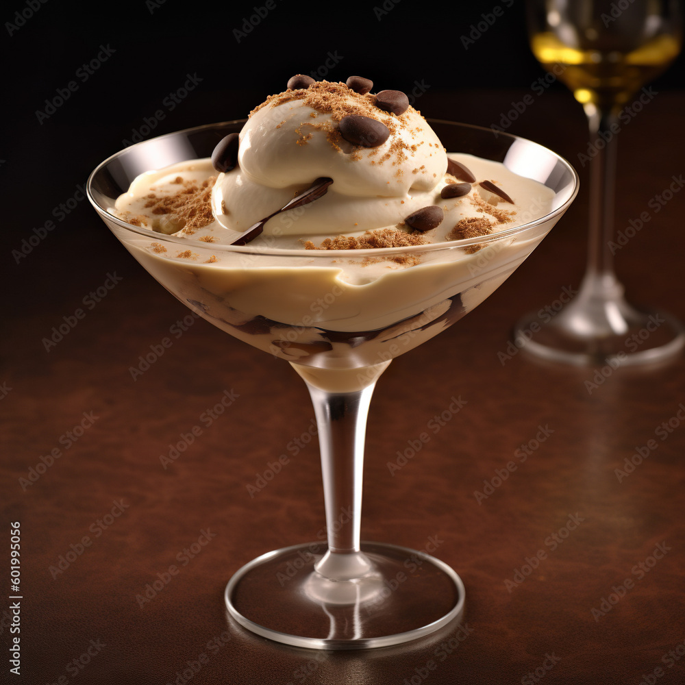 Coffee ice cream in a stem glass. Generative AI and digital editing. Coffee ice cream in a stem glass. Generative AI and digital editing.