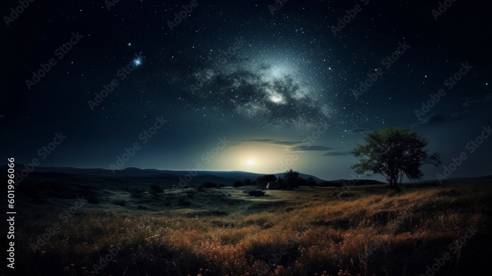 Naklejka premium 美しい星空の草原：AI作品 