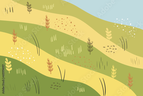 Banner concept of agriculture or farming. Vector illustration with farmland, wheat fields, hills, agricultural landscape. Modern flat style