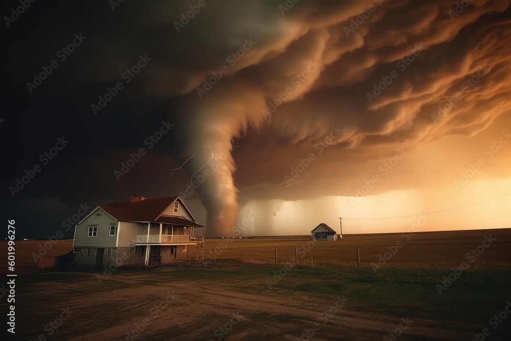 Super Cyclone or Tornado forming destruction over a populated landscape with a home or house on the way. AI Generated Super Cyclone or Tornado forming destruction over a populated landscape with a home or house on the way. AI Generated