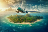 Airplane soaring over a picturesque tropical island in the ocean. Generative AI