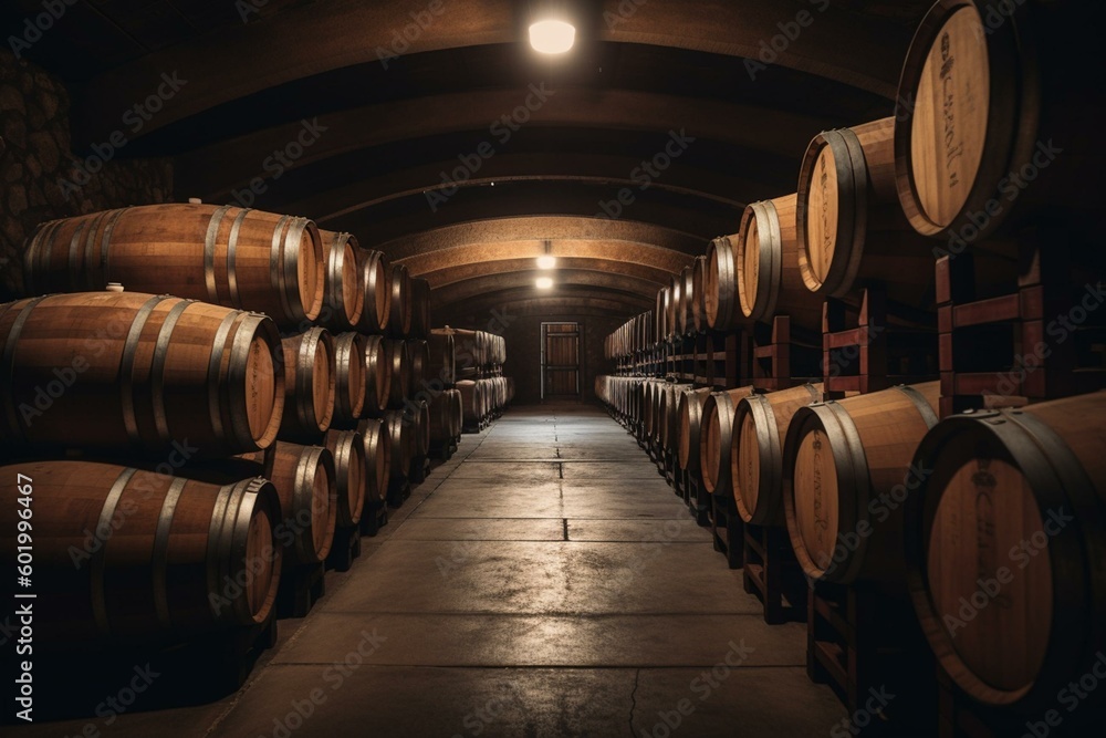 Wine barrels in vineyard & winery stored in oak casks. Keywords: wine, vineyard, cellar, winery, oak, storage, alcohol, barrel, aging, fermentation. Generative AI