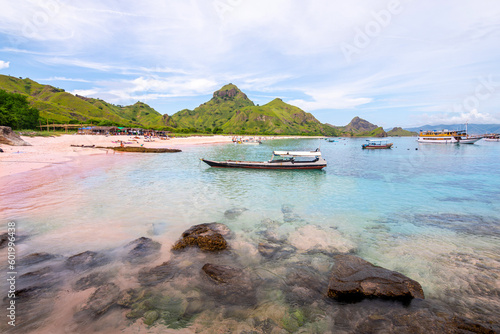 views of pink beach on komodo national park, indonesia photo