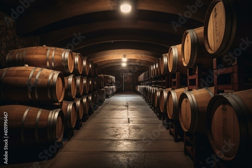 Wine barrels in vineyard   winery stored in oak casks. Keywords  wine  vineyard  cellar  winery  oak  storage  alcohol  barrel  aging  fermentation. Generative AI