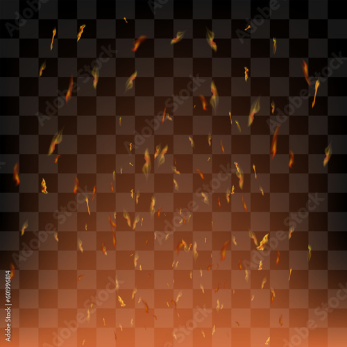 Vector realistic fire. Red Flame over checkered black background. Hot red and yellow burning fire with flying embers.
