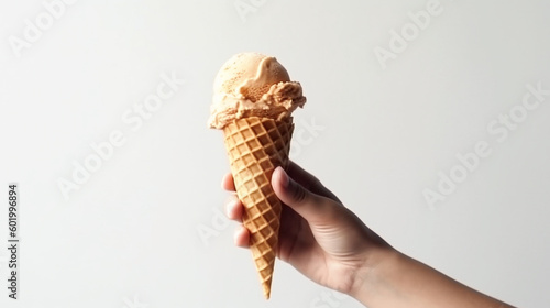 Leckeres Vanille Speiseeis, Eiscreme in einer Waffel vor weissem Hintergrund, generative KI
