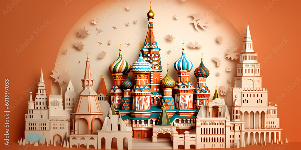 Russia landmark paper cut with light brown background, travel, tourism concept, generative ai