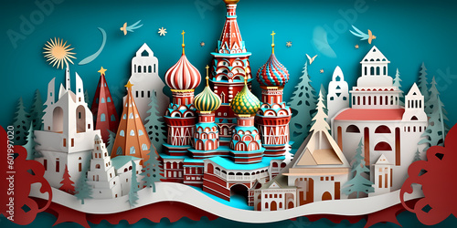 Russia landmark paper cut with blue & red background, travel, tourism concept, generative ai