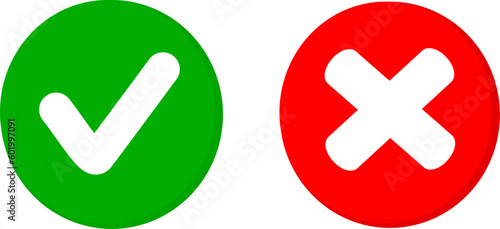 Tick and cross signs. Green checkmark and red X icons isolated on white background. Replaceable vector design. Vector illustration.