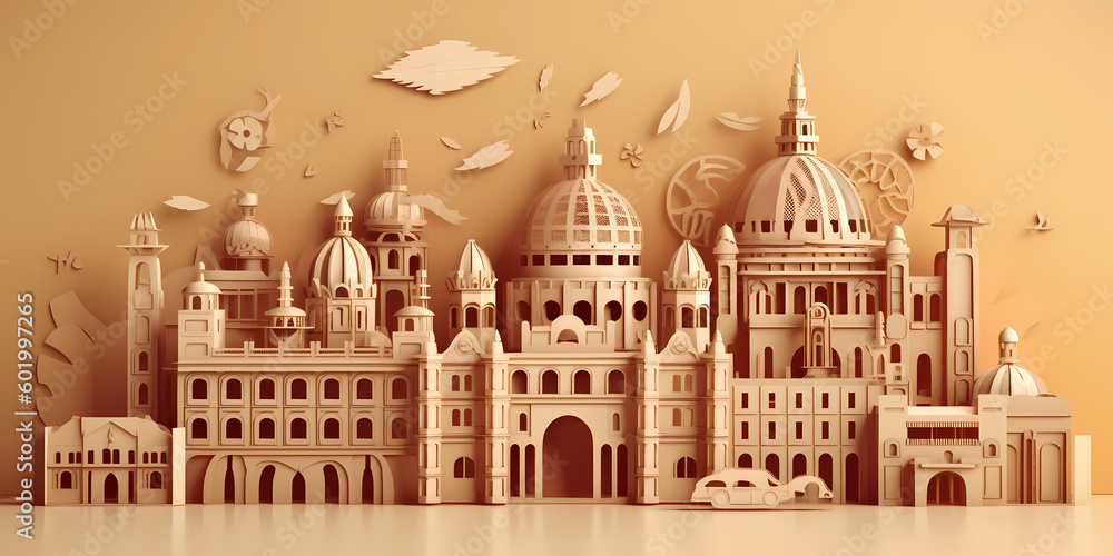 Mexico landmark paper cut with light brown background , travel, tourism concept, generative ai
