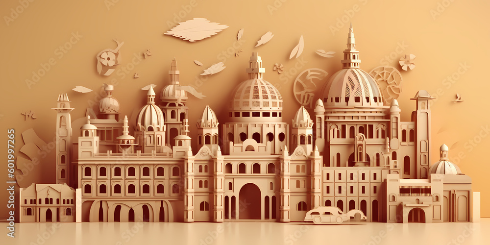 Fototapeta premium Mexico landmark paper cut with light brown background , travel, tourism concept, generative ai