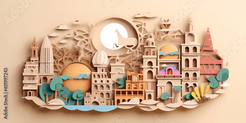Mexico landmark paper cut with beige brown background   travel  tourism concept  generative ai