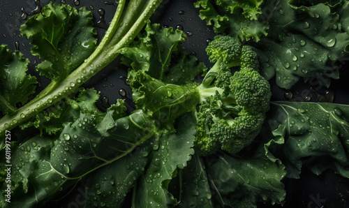 Broccoli rabes with water drops, dark background, Generative AI photo