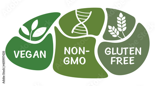 Vegan, Non-GMO, Gluten free icons set