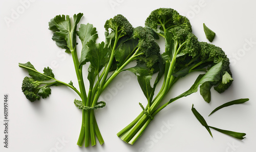 Broccoli rabes on a white background, Generative AI photo