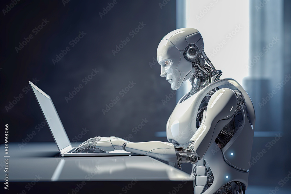 A futuristic robot working on a laptop at a desk. Generative AI A futuristic robot working on a laptop at a desk. Generative AI