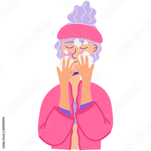 Woman washing her face with cleanser foam.Skincare routine.Beauty treatment. Foam, bubbles. Cleansing, moisturizing.	