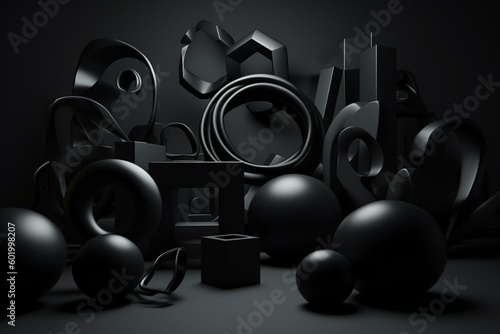 Arranged black 3D objects create a sleek abstract backdrop. Computer-generated image. Generative AI